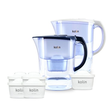 KOLIN 3.8L濾水壺(內含四重濾芯*1)+五重淨垢濾芯4入(共1壺5芯/適用Brita)