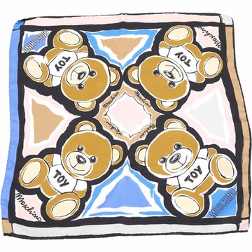 MOSCHINO Toy 塗鴉泰迪熊字母拼色黑色邊框純絲方巾