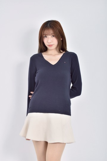 (S) tommy hilfiger質感棉質針織v領藍色毛衣