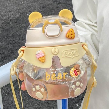 小熊水杯可愛超萌女生杯子帶吸管便攜兒童學生大容量大肚杯塑料杯