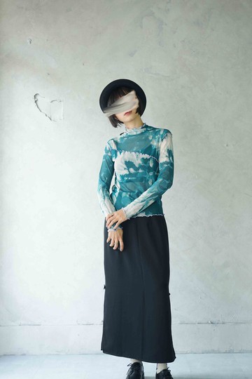 尋寶古著-藍綠暈染透膚網紗高領內搭上衣