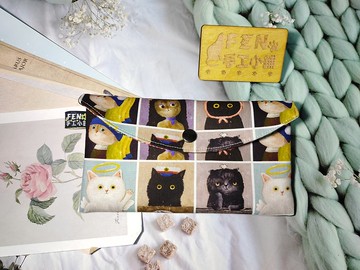 單層款布紅包袋-油畫貓咪像手作布紅包袋-萬用收納包-存摺包-收納