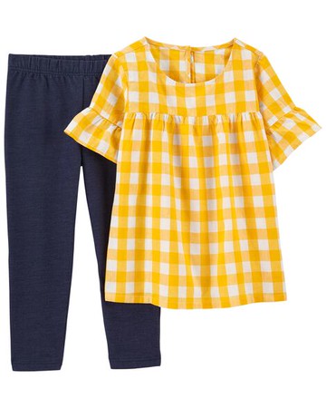 Kid 2-Piece Plaid Flutter Top & Knit Denim Legging Set
