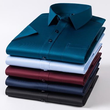 優鯊男士純色短袖襯衫中青年商務休閑冰絲彈力半袖直擺孔雀藍襯衣