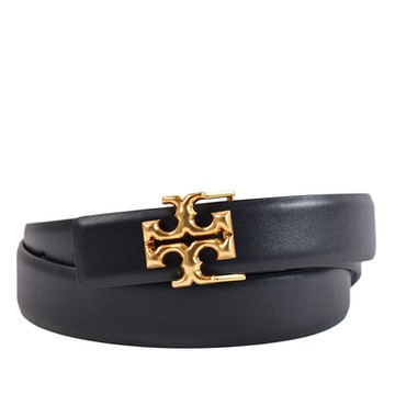TORY BURCH 專櫃款 雙T滑面皮革窄版針釦皮帶-黑色-M