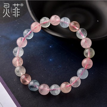收藏級冰種摩根石手鏈6-11mm糖果色粉摩根綠柱石海藍寶水晶手串女