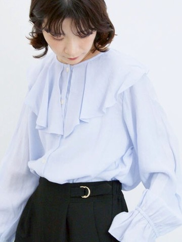 飄逸感荷葉邊法式翻領糖果袖排釦襯衫(0F001124410) - Samansa Mos2 blue