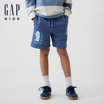 【GAP】GapKids × Minecraft當個創世神 寬鬆套穿式短褲-莫蘭迪藍/黑色(892482)