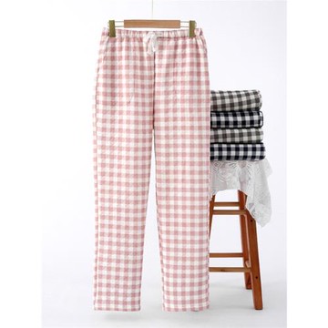 冬季全棉加厚睡褲情侶中腰皮筋抽繩口袋格子寬松空氣棉保暖家居褲