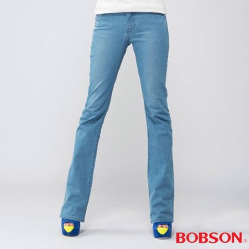 BOBSON   女款高腰膠原蛋白小喇叭褲-淺藍