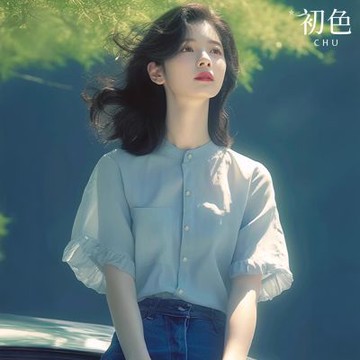 初色 文藝風純色圓領單排釦荷葉邊短袖襯衫上衣女上衣-藍色-12960(M-XL可選)