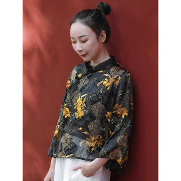 民族風印花上衣春夏新中式短款七分袖碎花雪紡改良漢服襯衫女通勤
