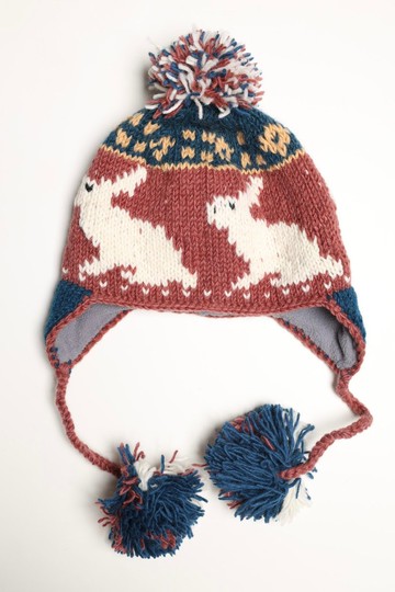 藕粉白兔辮子毛球帽純羊毛線手工編織全襯防風毛帽子護耳帽保暖