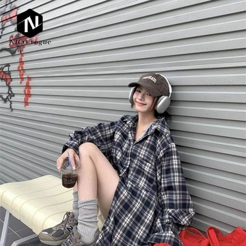 【Nico】臺灣熱銷🔥藍色新款休閒格紋格子襯衫女春秋季薄款襯衣外套長袖上衣