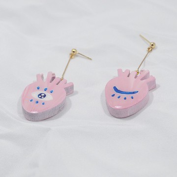 心之眼 粉色心髒 眼睛 原創個性耳環 手繪木製