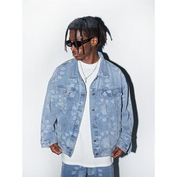harsh and cruel 街頭立體圈圈字手繪臟辮小黑人提花水洗牛仔夾克