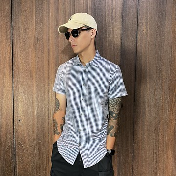 美國百分百【全新真品】Calvin Klein 短袖襯衫 男款 CK 上衣 休閒 格紋 襯衫 藍灰白格 G845