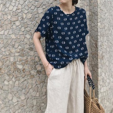 2025春夏新女 日系韓版大碼復古文藝繡花棉麻亞麻短袖襯衫