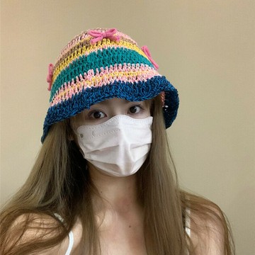 新款手工鉤針蝴蝶結漁夫帽子女春夏韓版百搭鏤空透氣甜美撞色盆帽