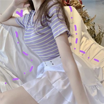 大碼胖妹妹泫雅風露背bm上衣夏2026新款蝴蝶結綁帶條紋短袖t恤女