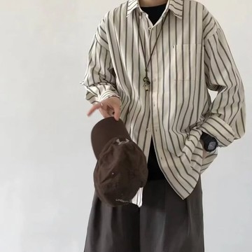 限時優惠 休閒條紋襯衫 春秋條紋襯衫男新款高級感潮牌長袖襯衣日系復古休閒外套