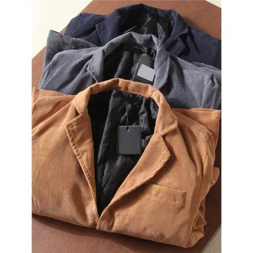 意大利單~復古燈芯絨薄夾棉純色西裝領休閑西服外套休閑上衣男式