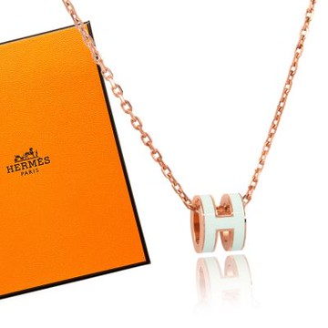 HERMES Mini Pop H 經典迷你字母LOGO項鍊鎖骨鍊-湖水藍/玫瑰金