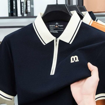 【上新 春夏短袖 男裝短袖POLO  短袖 Polo衫】【TiKE • 香港奢品高定】珠地棉透气翻领短袖拼色拉链POLO