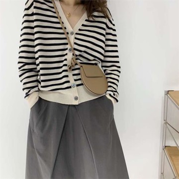 羊毛針織開衫女V領寬松毛衣韓版復古條紋外套春秋新款薄外搭上衣