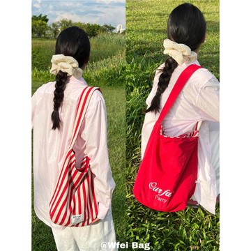 Wfei雙面可背單肩包尼龍布袋小眾設計感條紋腋下包學院風托特包女