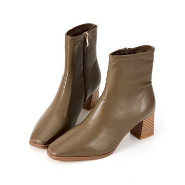 時髦全真皮縫線拼接方頭粗跟短靴 橄欖綠色