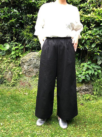 麻八分長闊腿褲黑