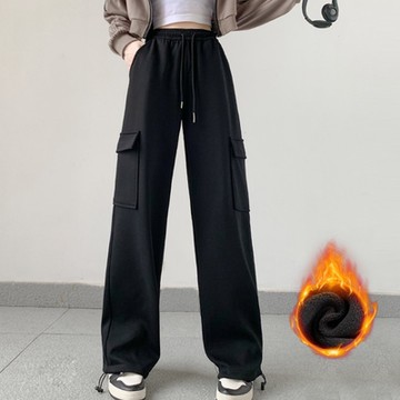 La Belleza美式工裝褲鬆緊腰抽繩內裡加絨羊羔毛褲管可調節保暖高腰闊腿厚棉束口褲