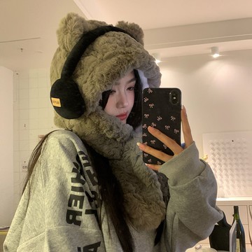 台灣出貨 新款耳機小熊帽子圍巾一體冬季圍脖可愛毛絨加厚保暖護耳防寒雷鋒