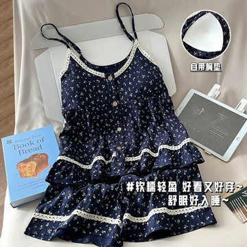 帶胸墊 爆款睡衣 雲朵棉 Q彈舒適 吊帶短褲套裝 女款夏季  涼感降溫 自帶涼房效果 整晚乾爽 甜美可愛家居服