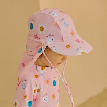 韓國 Bebechat - UPF 50+抗UV超防曬遮脖帽/戲水帽-微笑花朵-粉