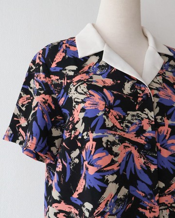 日系復古印花拼接領短袖深藍色古著襯衫