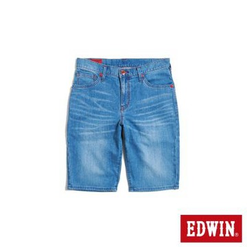 EDWIN 男裝 EDGE W皮標合身丹寧短褲-石洗藍