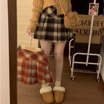 韓版高腰格子百褶裙 修身 顯瘦 毛呢百褶裙 褲裙 冬天裙子 毛呢短裙 A字裙 復古格紋裙 紅色格子短裙 A字短裙
