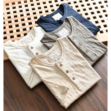 棉麻混紡 竹節肌理 夏季外貿男士美式休閑透氣亨利領百搭短袖T恤