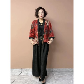 高檔時尚復古風印花短外套雙面穿真絲開衫女春夏媽媽裝國風兩件套