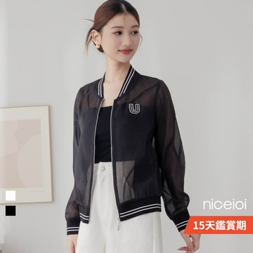 niceioi【特惠】棒球外套 外套 透膚外套 黑色 [棒球甜心撞色條紋拼接網紗外套] 女裝