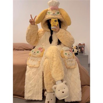 可愛餅餅三層夾棉加厚長款睡袍女秋冬季珊瑚絨連帽保暖睡衣家居服