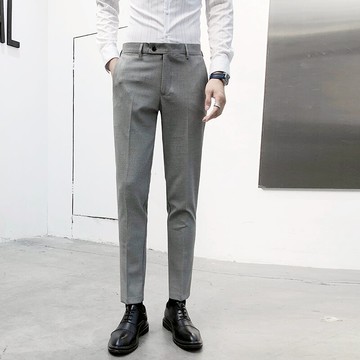 青年墜感西褲男士修身商務淺灰色休閑褲英倫風免燙職業正裝小腳褲1入