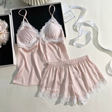♡ 𝑪𝒉𝒊𝒄 𝒖 ♡薄款網紅睡衣女爆款女帶胸墊套裝御風冰絲睡衣兩件套壓花蝴蝶蕾絲