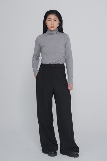 不對稱雙摺西裝寬褲 - 黑