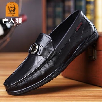 老人頭皮鞋男士真皮秋季新款軟底豆豆鞋透氣時尚休閑鞋軟面樂福鞋