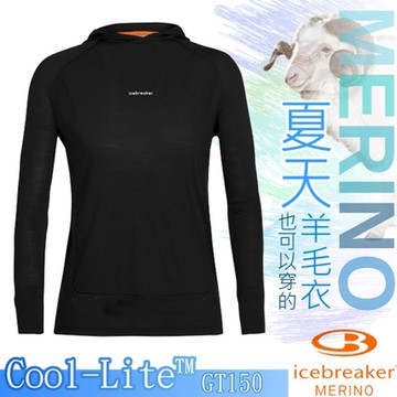 Icebreaker 女款 美麗諾羊毛 Meteroal COOL-LITE 休閒圓領長袖連帽上衣_黑