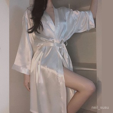 P3-【限時特賣】睡衣 居傢睡衣 性感睡衣 女生睡衣 夏天睡袍女冰絲睡衣女夏薄款日係白色性感少女士浴袍寬鬆傢居服