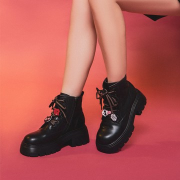 【日本京都聯名】HAPPYFACE 雙色綁帶鋸齒短軍靴 黑 (7A2969)